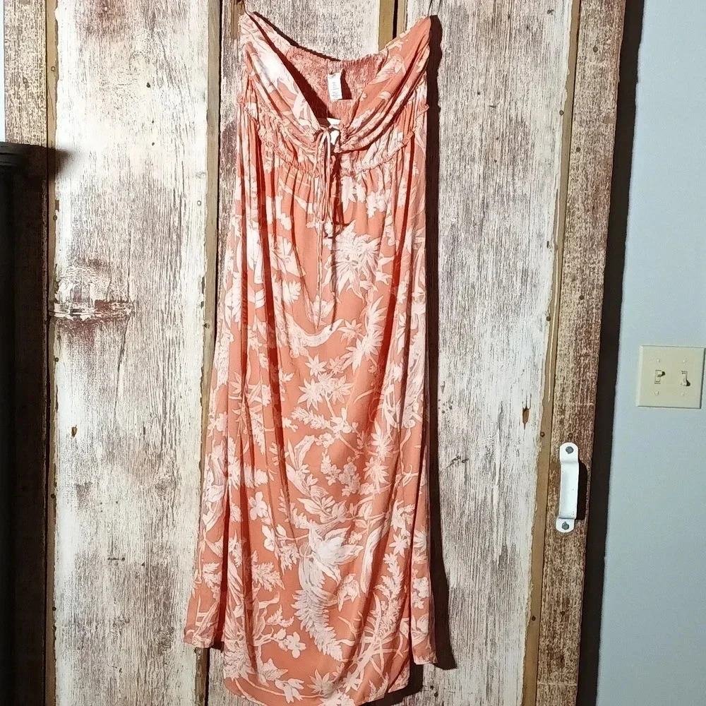 H&M floral cottagecore smocked tie detail halter apricot tropical maxi large - Picture 6 of 12